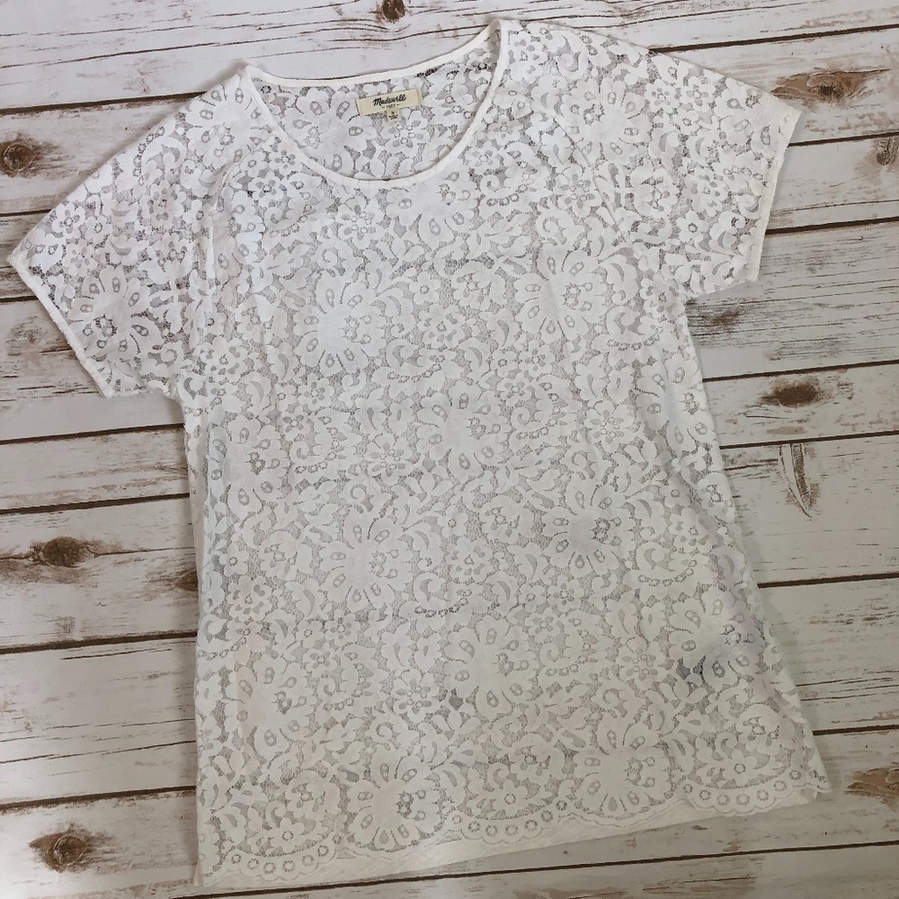 Madewell White Floral Lace T-Shirt | Size S